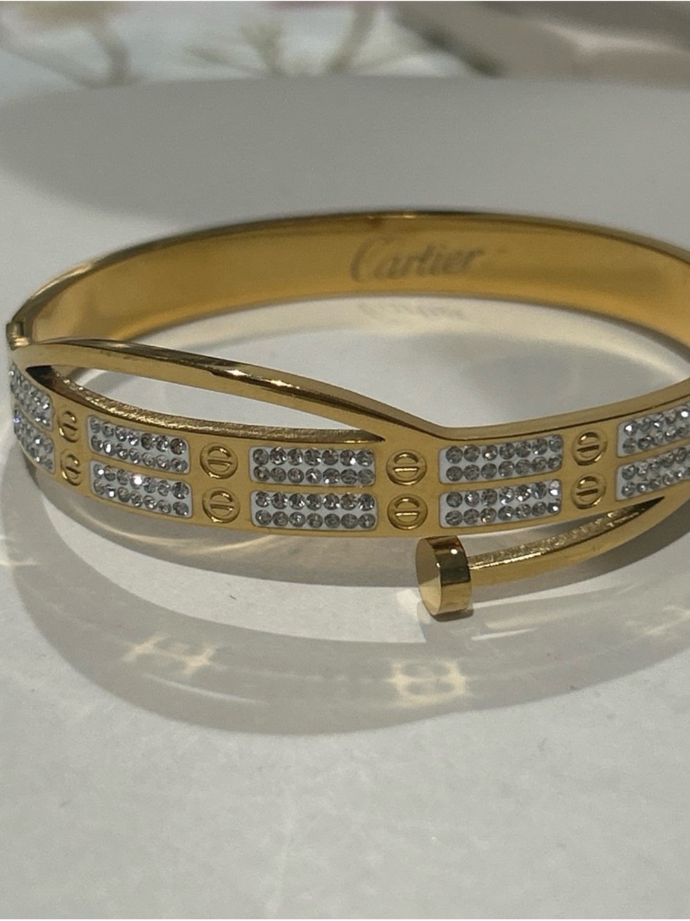 Cartier Gold Crystal Pavé Nail-Style Bangle Bracelet